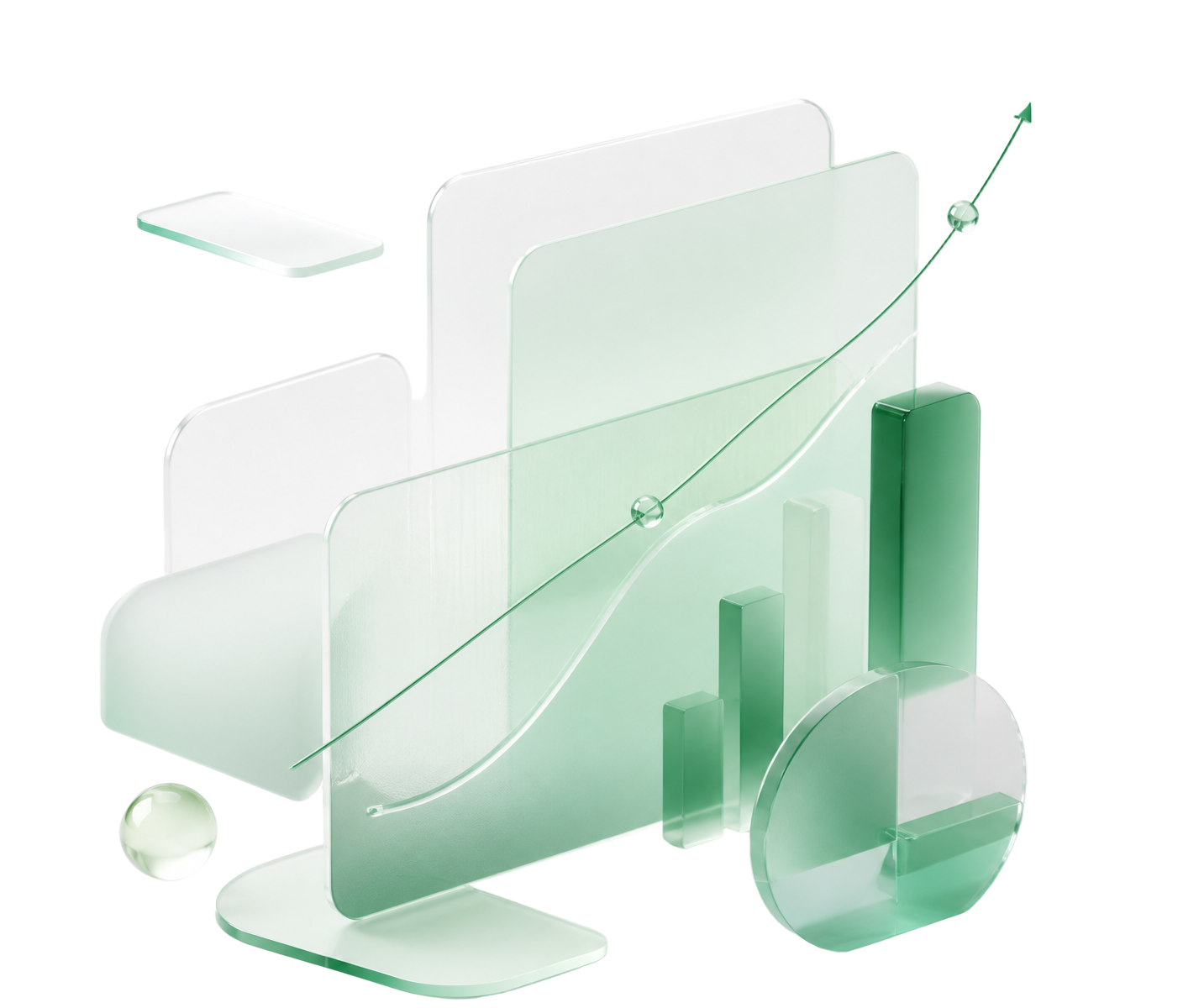 Abstract illustration of layered analytics dashboards and a rising growth curve